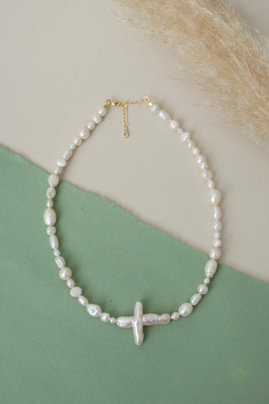 Maria - Pearl Cross Necklace