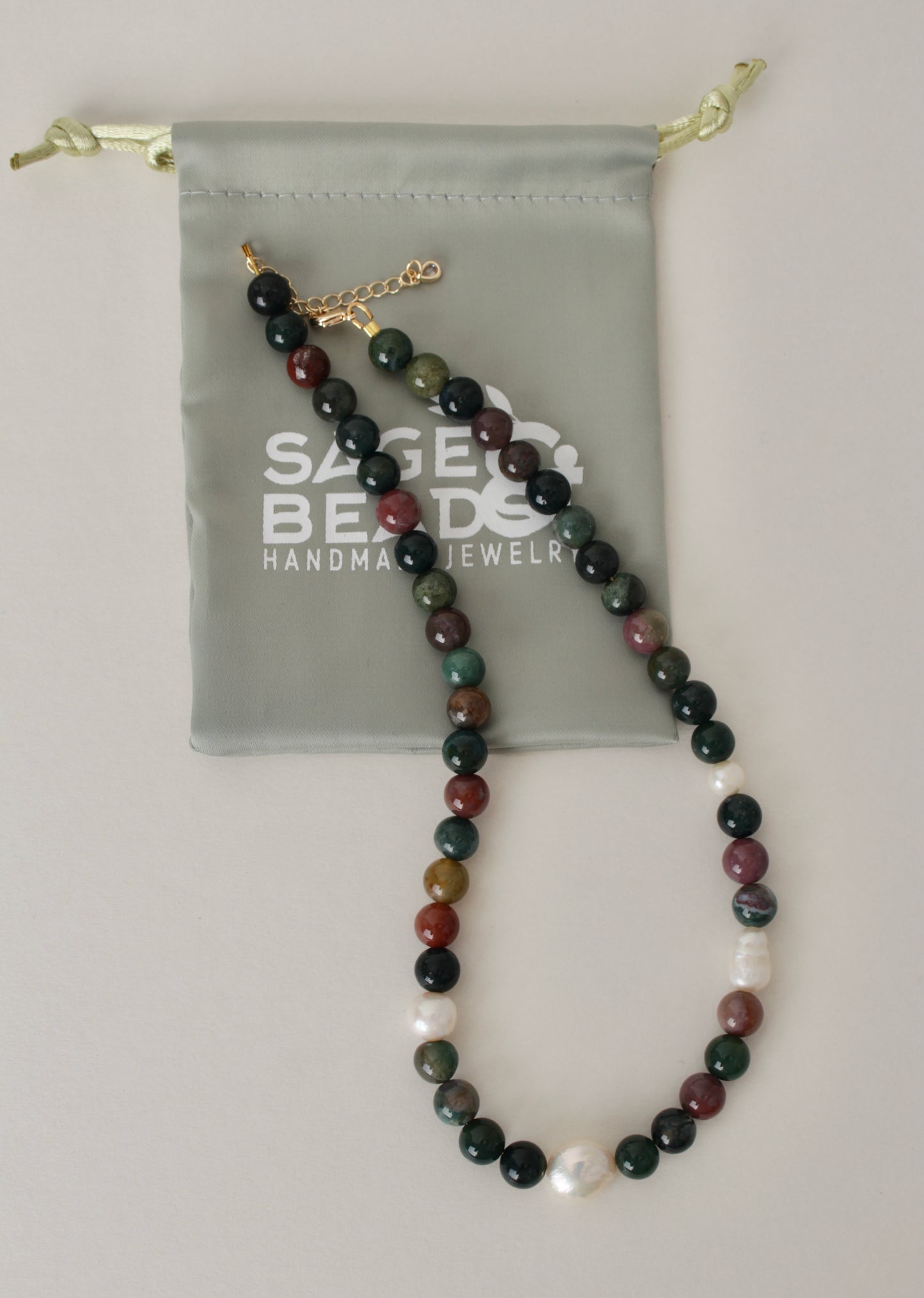 Moss - Indian Agate and Freshwater Pearl necklace