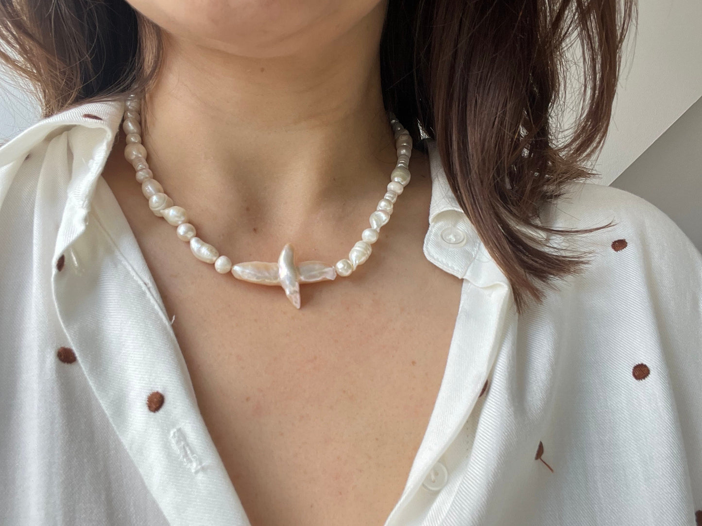 Maria - Pearl Cross Necklace
