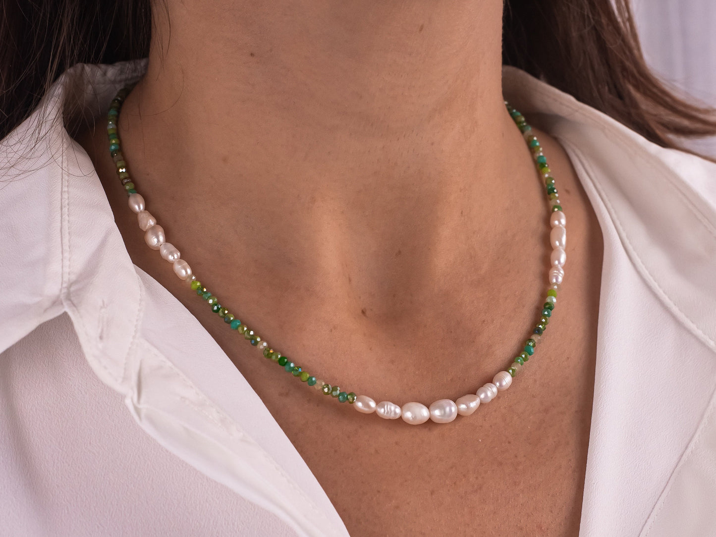 Fiona - Green Beads Pearl Necklace