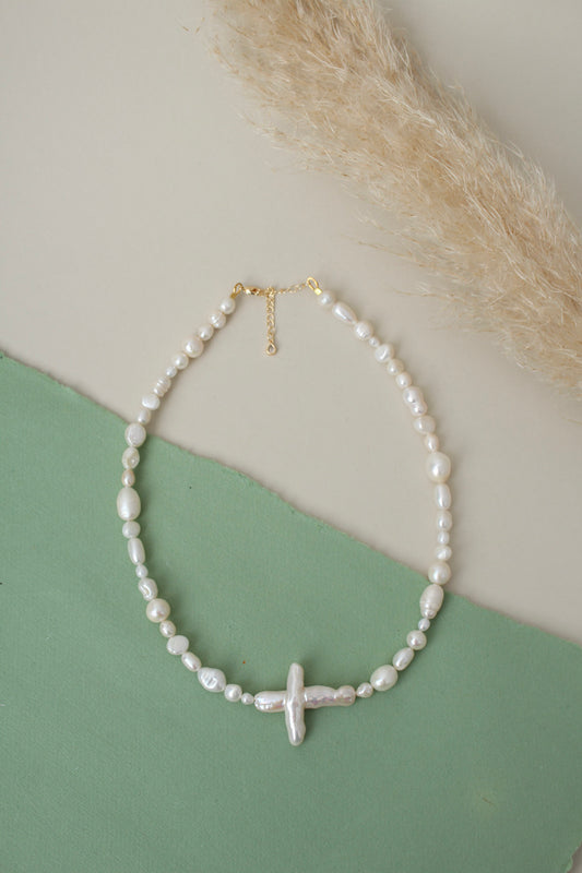 Maria - Pearl Cross Necklace