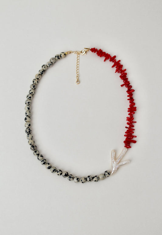 Lada - Coral, Dalmatian Jade and Pearl Necklace